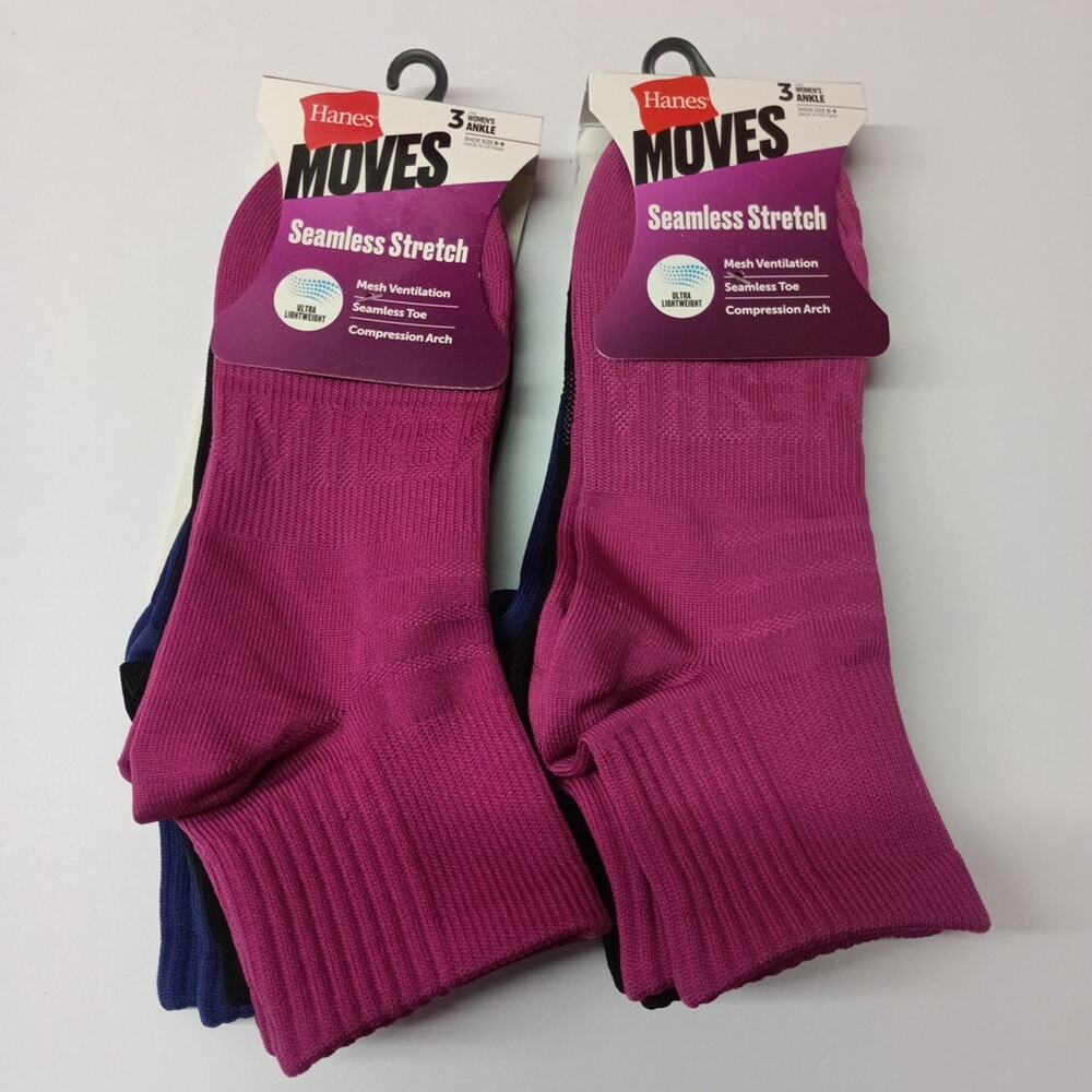 Hanes Moves‎ Ankle Socks 6 Pairs Women's Size 5-9 Assorted Seamless Stretch